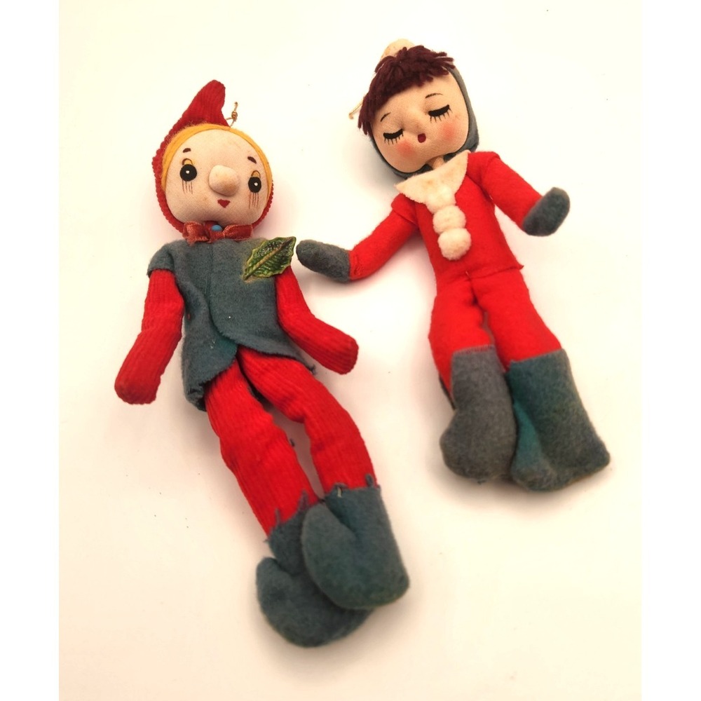 Elf Pixie Felt Knee Hugger Posable Christmas Ornament 1950s - 60s Vintage - Pair